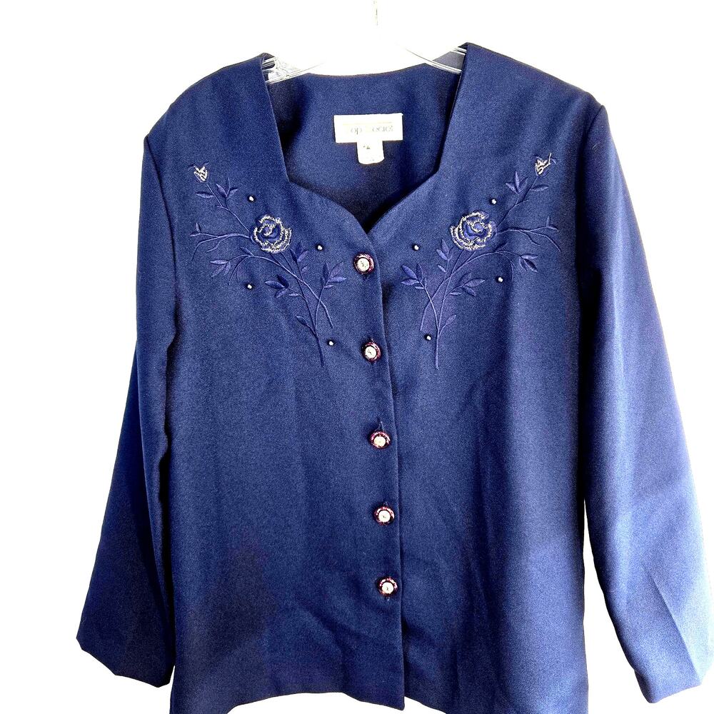 Top Secret Women's Blazer 14 Misses Size Large L Blue Embordered Coat Jacket